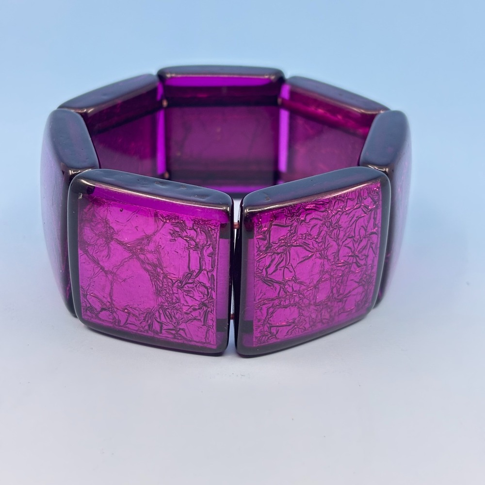 Purple Foil Acrylic Stretch Bracelet Chunky Square Panels Vintage Y2K Statement